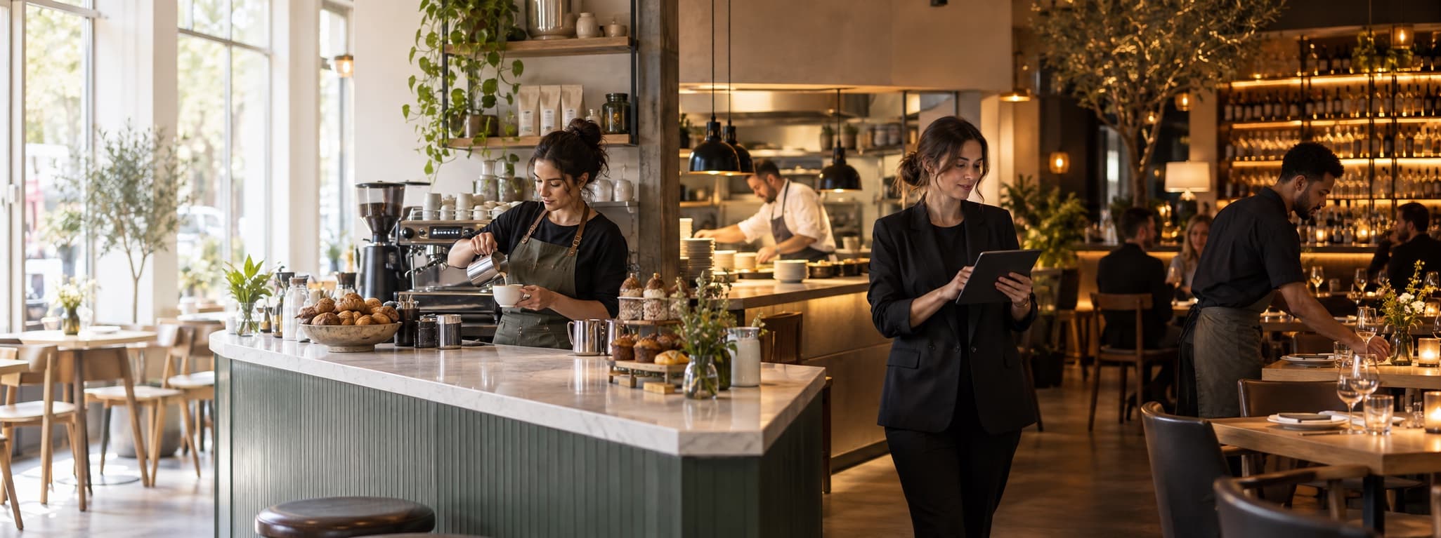 A hospitality team running a daytime cafe and an evening restaurant service
